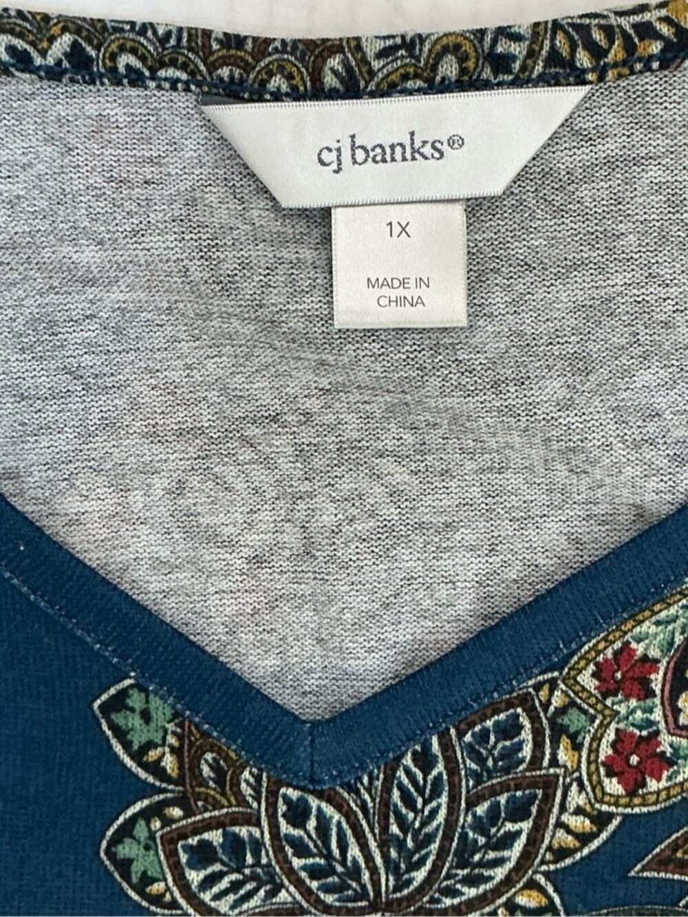 Banks Artistic Top Asymmetrical Tunic Boho V Neck 3/4 Sleeve Blue Women Plus 1X - Picture 5 of 13